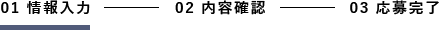 01 情報入力　　　　　02 内容確認,03 応募完了